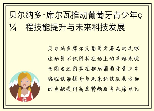贝尔纳多·席尔瓦推动葡萄牙青少年编程技能提升与未来科技发展