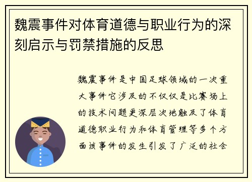 魏震事件对体育道德与职业行为的深刻启示与罚禁措施的反思